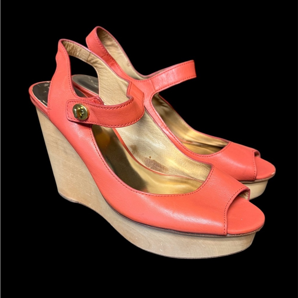 COACH Coral Leather Wooden Platform Wedge Heels Women’s Shoes Size 9.5 B